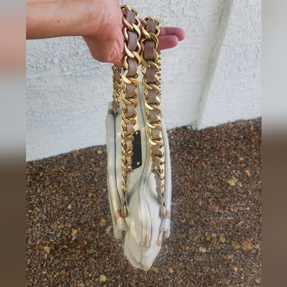 Marc Jacobs Chain Strap White Shoulder Bag Large Satchel Gold Logo Plate Leather - Picture 5 of 10